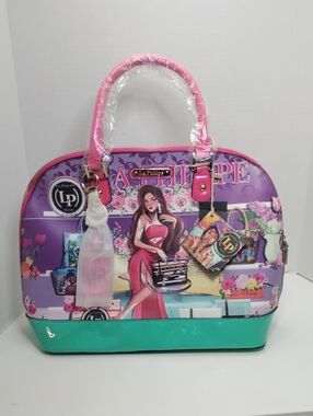 LA Philipe Pink & Teal Graphic Dome Handbag With Strap NWT With Dust Bag.